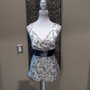 White House Black Market Grey and Cream Silk Banded Waist Sleeveless Top